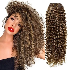 18in - 26 Inch 120g 7pcs Natural Curly Clip in Extensions Human Hair Highlighted - Picture 1 of 36