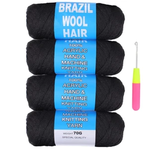 COOKOO 4 Roll Natural Black Brazilian Wool Hair Acrylic Yarn for African Crochet - Picture 1 of 12