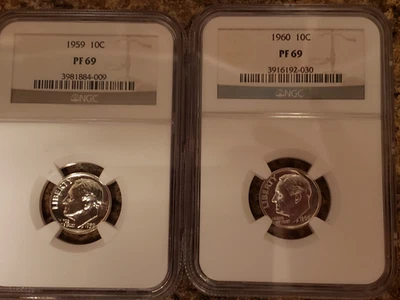 Lot of 2 - 1959 and 1960 Roosevelt Dime 10C NGC PF 69 - Image 1 of 2