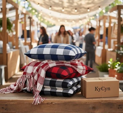 Stylish 18"x18" Navy Blue Buffalo Check Plaid Pillow Case 2 pcs Set - Image 1 of 4