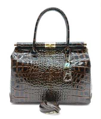 Italian Shiny Croc Embossed Leather Handbag Satchel – Made In Italy - Dark Brown - Image 1 of 4