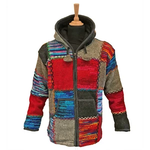 Hochwertige Strickjacke in hellen Patchworkfarben, Vlies gefüttert, Reißverschluss und Kapuze - Bild 1 von 6