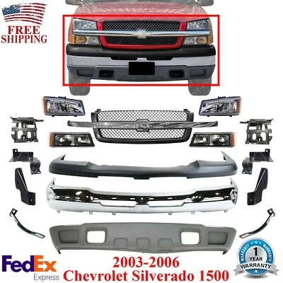 Front Bumper Chrome kit + Headlight + Brackets For 2003-06 Chevy Silverado 1500 - Image 1 of 4