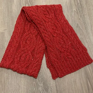 Ralph Lauren Womens Rectangle Scarf Red Metallic Silver Cable Knit Warm Winter - Picture 1 of 10