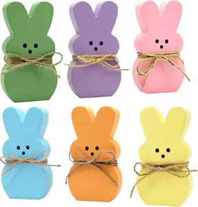 Easter Decorations - 6PCS Wood Bunny Peeps Tiered Tray Decor Signs for Shelf Sit - Picture 1 of 12