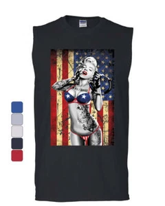 Marilyn Monroe US Flag Muscle Shirt Freedom Sexy Girl Tattoos Gangsta Sleeveless - Picture 1 of 7