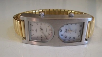 Женские модные часы с эластичным ремешком из серебра и золота с двойной отделкой по времени (2 часовых пояса) - Изображение 1 из 4