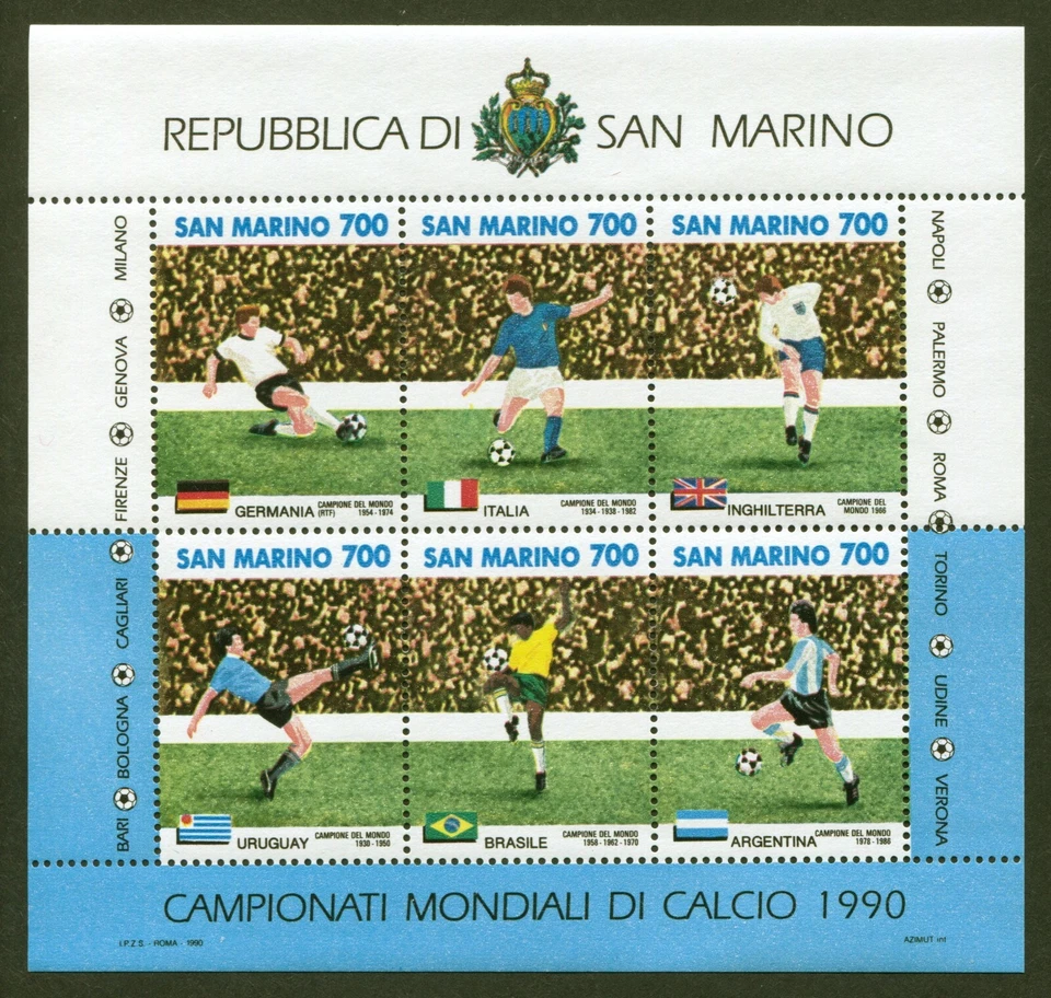 San Marino Sc# 1201, Campeón Mundial de Fútbol 1990. Hoja de 6 sin fallos en estado bastante bueno/XF MNH Foto 1 de 1