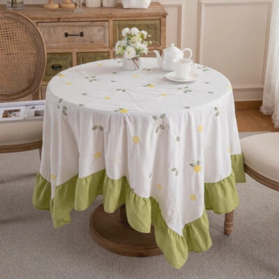 1x Pastoral Flower Embroidered Tablecloth Coffee Table Cover Ruffled Rectangular - Image 1 of 4