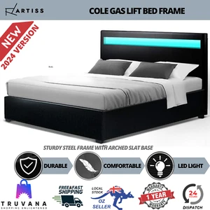 Artiss LED Bed Frame Queen Size Gas Lift Base With Storage Black Leather - Picture 1 of 12