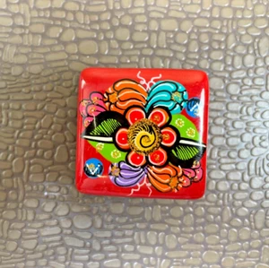 New Hand Painted Clay Floral/Glitter Square Trinket Box, Made in Mexico - Picture 1 of 5