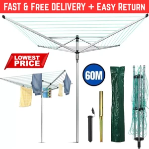 4 Arm 60m Wäschespinne Wäschetrockner Outdoor Wäscheleine Erdspieß & Abdeckung - Bild 1 von 13