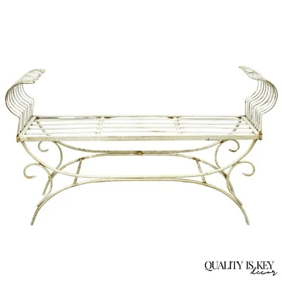 Banco de ventana vintage Hollywood Regency blanco de hierro forjado Curule X marco Foto 1 de 4