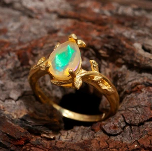 Natural Rainbow Ethiopian Opal Pear Leaf Solid Silver Gold Plated Charm Jewelry - Picture 1 of 10