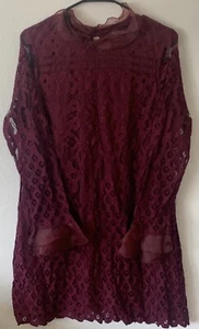 Lulu's Women's Burgundy Lace Long Sleeve Dress Lined Keyhole Back Size Large - Picture 1 of 3