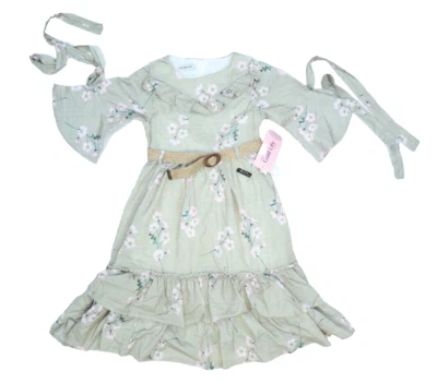 Mini Gold Life Girls Green Floral Burlap Belted Long Bell Sleeve Easter Dress 5Y - Image 1 of 4