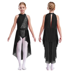 Girls Lyrical Cutout Back Hollow Out Lace Mesh Overlay Skirted Leotard Dancewear - Picture 1 of 31
