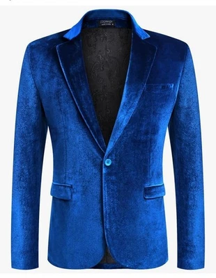 Velvet Blazer Men's Blue Notched Lapel Suit Tuxedo Jacket One Button, Size XXL - Image 1 of 4