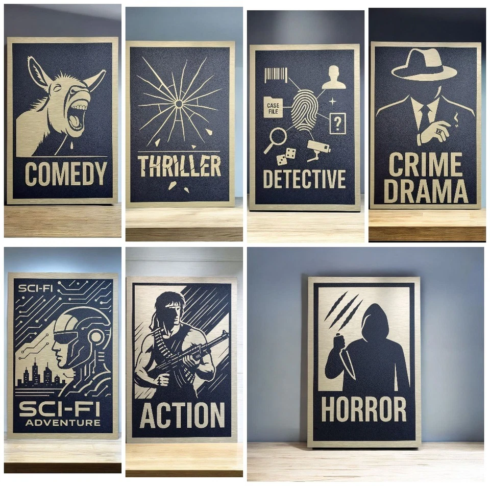 7x Movie Genre Wall Signs Brushed Gold Aluminum Home Theater Media Room Decor - Image 1 of 4