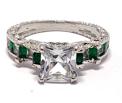 4.50ctw Emerald & Cubic Zirconia 18k White Gold Overlay Bridal Engagement Ring - Image 1 of 4
