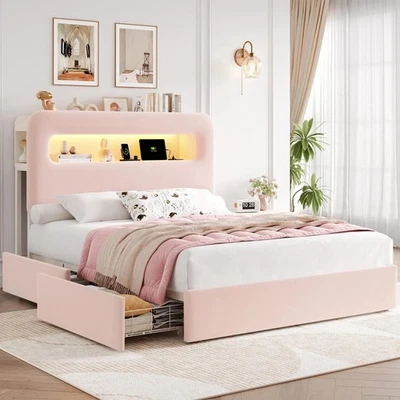 CABECERO DE ALMACENAMIENTO CAMA PLATAFORMA TAPIZADO TERCIOPELO LED tamaño queen 4 cajones USB Foto 1 de 4