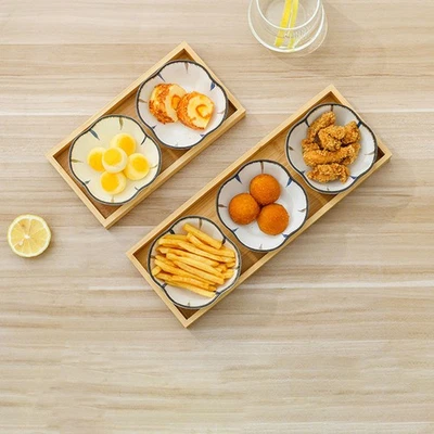 1 set di piattini in ceramica per snack in stile giapponese con vassoio in legno - Immagine 1 di 4