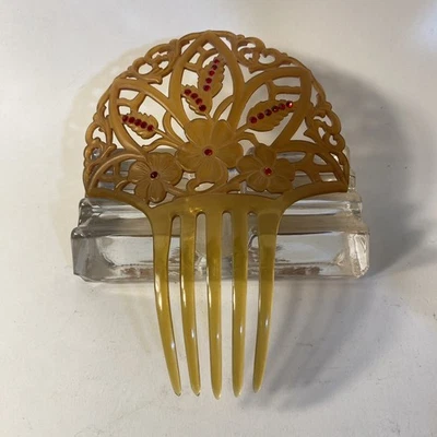 Celluloid Hair Comb Honey With Red Stones Art Nouveau Large Excellent - Image 1 of 4