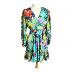 Alex Marie Ruffle Dress 6P Petites Floral Sheer Chiffon V-Neck Puff Sleeve Tier - Picture 1 of 13