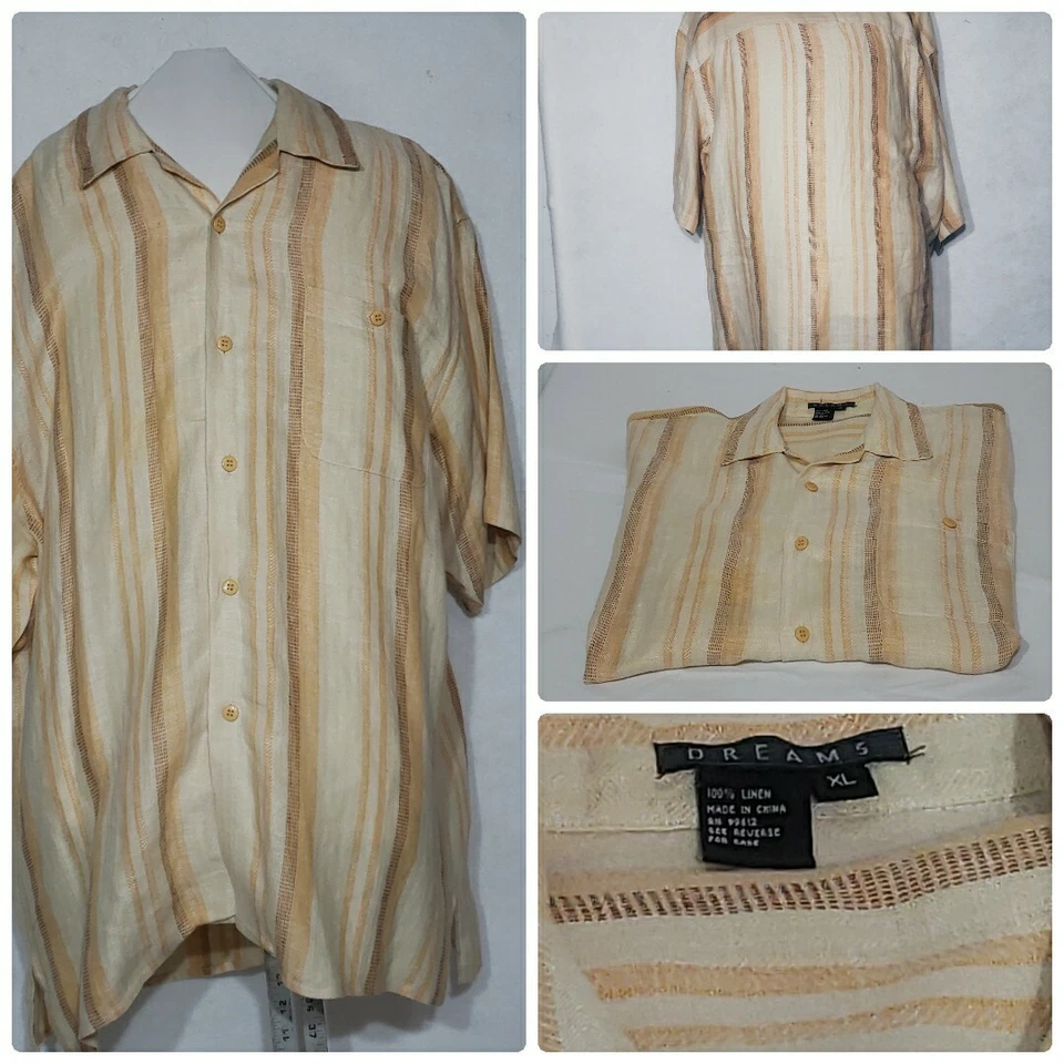 Dreams Hombre Talla XL 100% Lino Rayado Crema y Naranja Mangas Cortas De Colección Foto 1 de 4