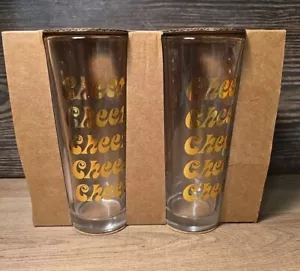 Cheers Golden Printed Tall Clear Glass Cups / Drinking Glasses / 6" Tall / NEW - Picture 1 of 4