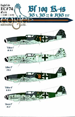 CALCOMANÍAS EAGLECALS ESCALA 1:72 EC#74 MESSERSCHMITT Bf109K-4 JG3 JG27 NJG11 WW2 GERM Foto 1 de 2