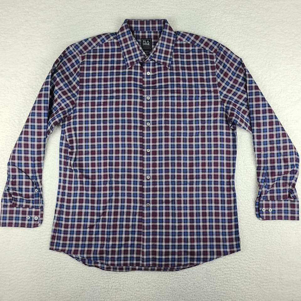 Jos A Bank Shirt Mens Large Blue Purple Plaid Traveler Tailored Fit Button Up - Image 1 of 4