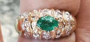 Emerald Natural Oval Cut & Diamond Ring 10k Solid Yellow Gold - Picture 1 of 12