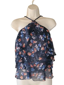 Abercrombie & Fitch Size XS Blue Floral Chiffon Halter Crop Top Ruffle - Picture 1 of 3