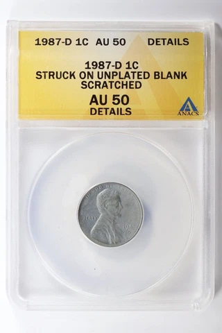 1987-D Lincoln Memorial Cent Struck on Unplated Blank ANACS AU50 Details 1c Cover