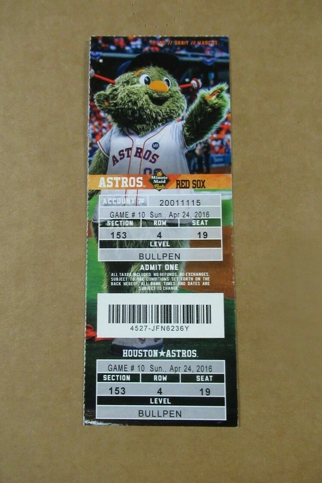 HOUSTON ASTROS VS BOSTON RED SOX 4/24/2016 FULL TICKET ~ M. GONZALEZ/RASMUS HRs - Image 1 of 1