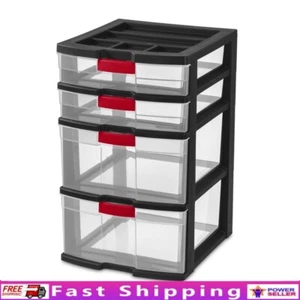 4 Drawer Locking Storage Tower Organizer Plastic W/ Clear Drawers Home Office US - Picture 1 of 3