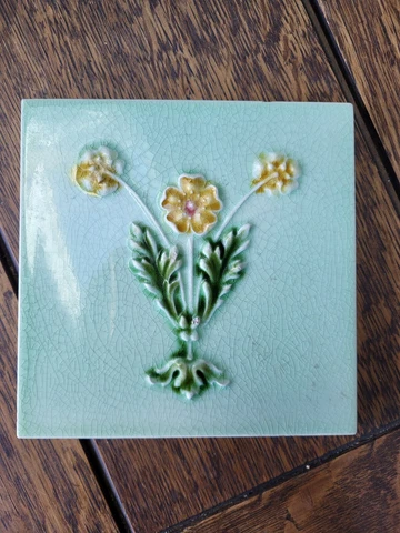 English Art Nouveau Tile 6x6 Yellow Flower Green England Cover