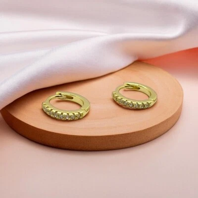 Gold Crystal Earrings, Tiny Sparkling Huggie Hoops 12mm Minimalist Style For Her - Image 1 of 4