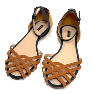 Sandalias planas de gamuza cruzadas Peep Toe de la colección Zara para mujer 38 EE. UU. 7,5 marrón - Imagen 1 de 8