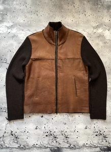 Rare Vintage Kenneth Cole Lambskin Leather Wool Zip Up Brown Jacket Size 52 - Picture 1 of 14