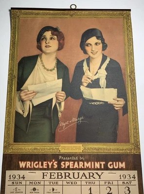1934 Wrigley’s Gum Calendar Sign Pretty Flapper Girls Radio Stars Myrt & Marge - Image 1 of 4