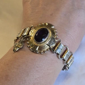 Vtg Etruscan Revival Gold Tone Book Chain Purple Acrylic Rhinestone Bracelet  - Picture 1 of 10