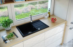 Granit Spüle + Siphon Einbauspüle Küchenspüle Spülbecken DG010 Schwarz 76x50cm - Bild 1 von 4