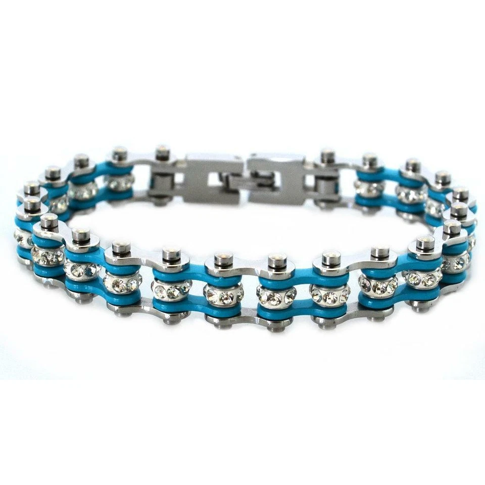Women's Stainless Steel Chrome / Turquoise Motorcycle Tennis Bracelet 128 - Image 1 of 1