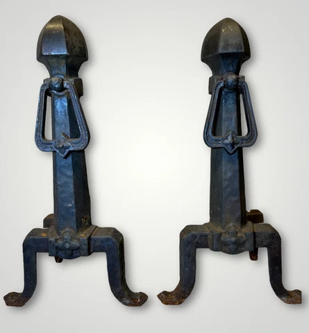 Pair of Metal Arts & Crafts Era Craftsman Style Fireplace Andirons b Cover