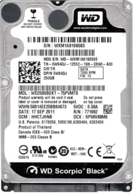Hard Drive Dell 0W94DJ W94DJ WD2500BEKT 250GB 7200RPM 16MB SATA II 2.5'' Inch - Image 1 of 3