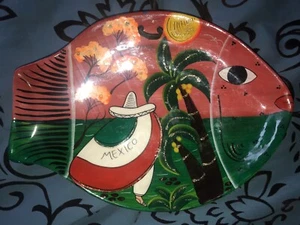 Vtg Gorgeous Rare Handmade-Handpainted Rustic Mexican Pottery-Fish Tray-wall Art - Picture 1 of 12