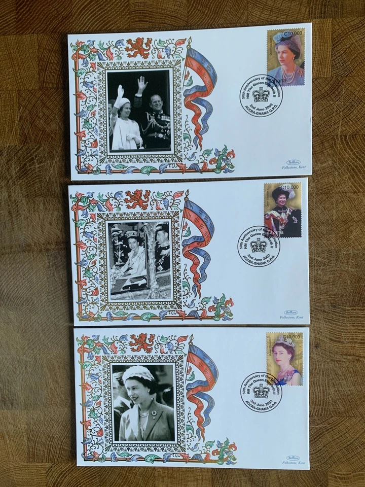 GHANA 2003 FDC x 3 BENHAM REINA ISABEL 2 CORONACIÓN ANIVERSARIO PRÍNCIPE FILIP Foto 1 de 1
