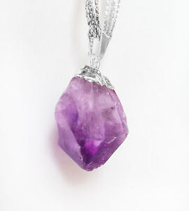 Natural AMETHYST Point Pendant Chakra Crystal Silver Necklace  HANDMADE Protect